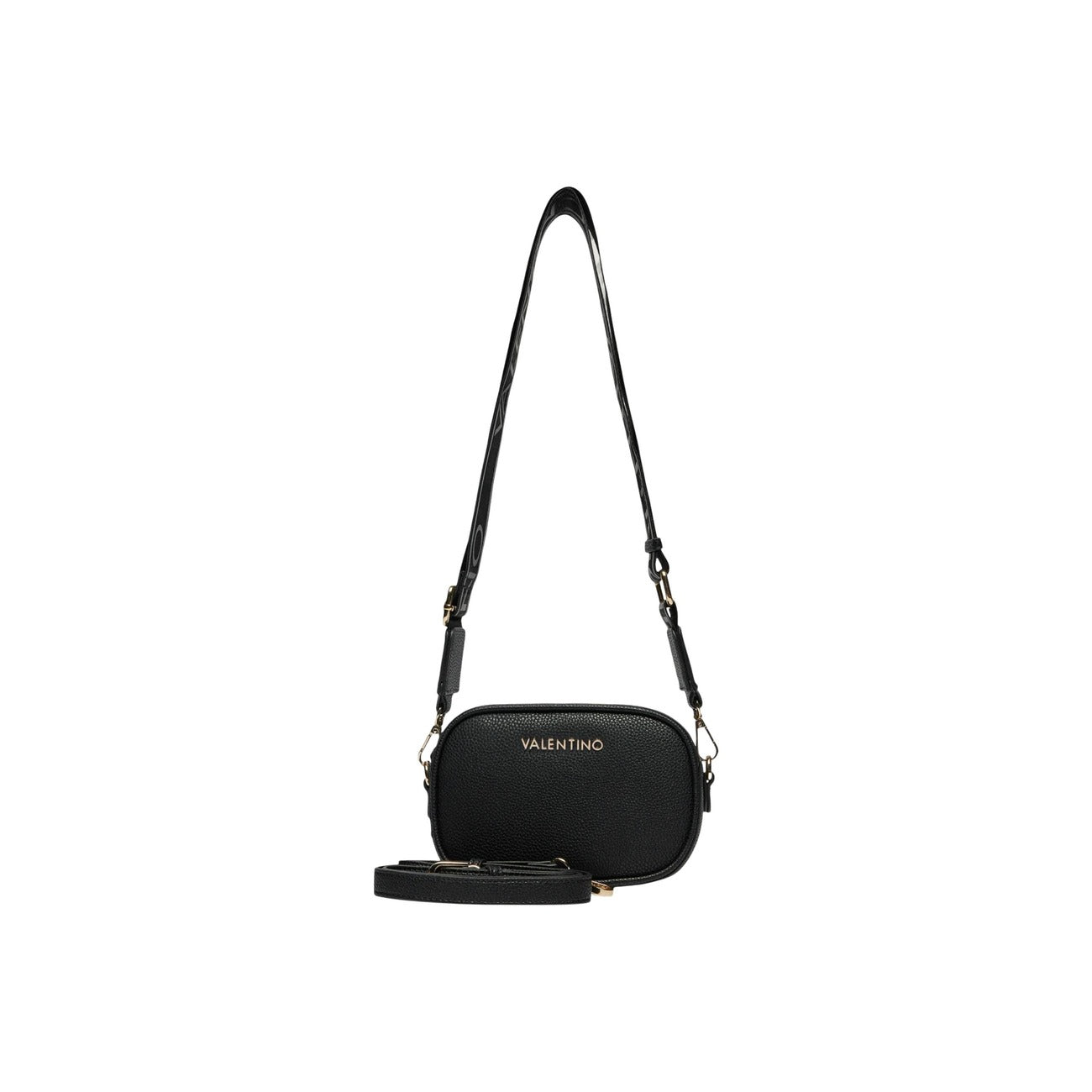 Borsa Camera Bag Piccola Nera Donna Valentino Bags Miramar; Misure 7x14x7 cm. Tessuto 100% poliuretano martellato con tracolla regolabile e chiusura a cerniera lampo. Logo metallico frontale, stile casual-chic 4 stagioni Frontale con tracolla