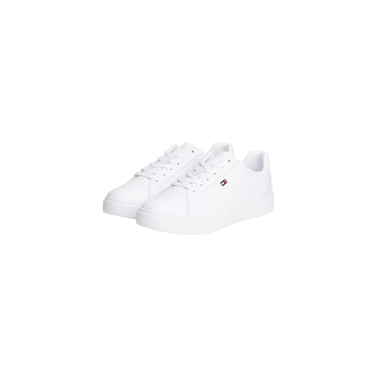Sneakers Platform Donna Bianche Tommy Hilfiger; Tomaia 100% pelle zigrinata con bordi tono su tono e interno in poliestere. Suola alta in gomma vulcanizzata con bandierina iconica smaltata laterale, stile casual 4 stagioni. Laterale