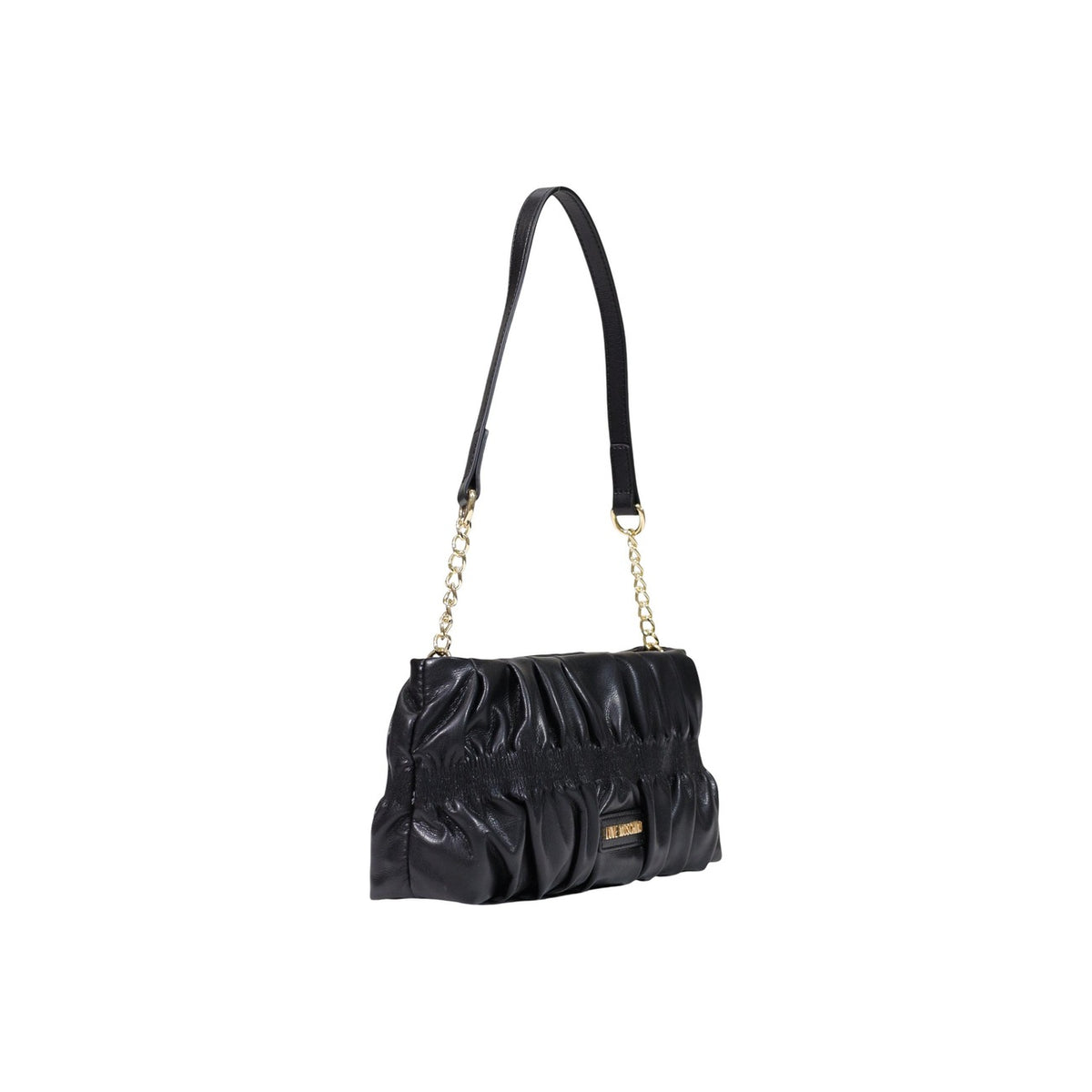 Borsa Love Moschino donna nera a spalla modello JC4089PP. Borsetta piccola elegante plissettata effetto pelle nera con tracolla a catena oro e zip stile elegante, casual chic e da sera.