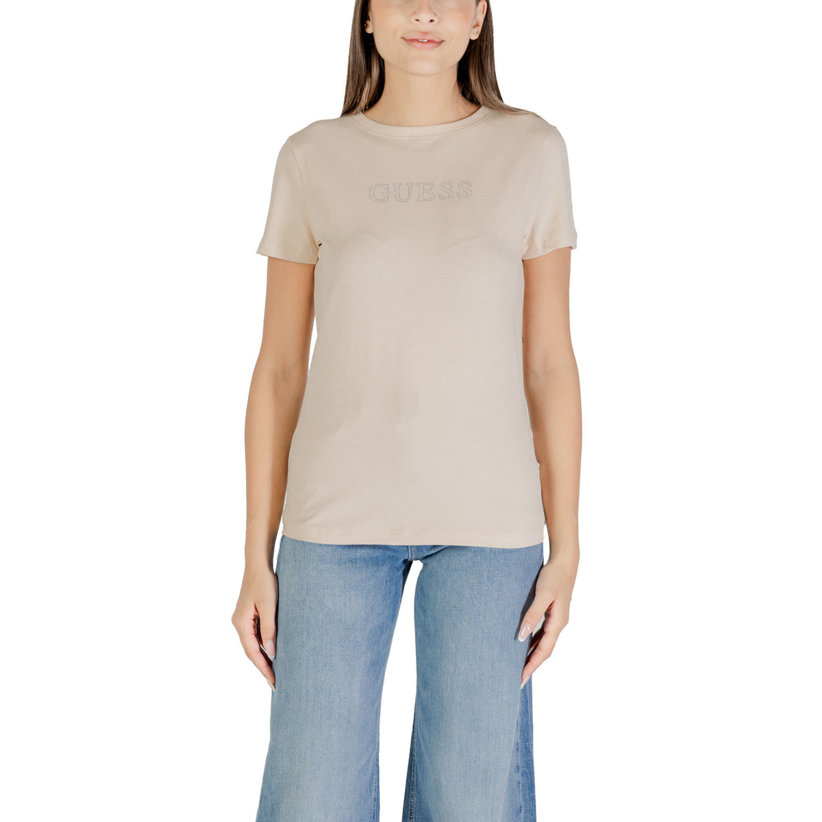 T-shirt Guess Active BRIANA SS donna beige con stampa maniche corte scollo tondo - dettaglio stampa