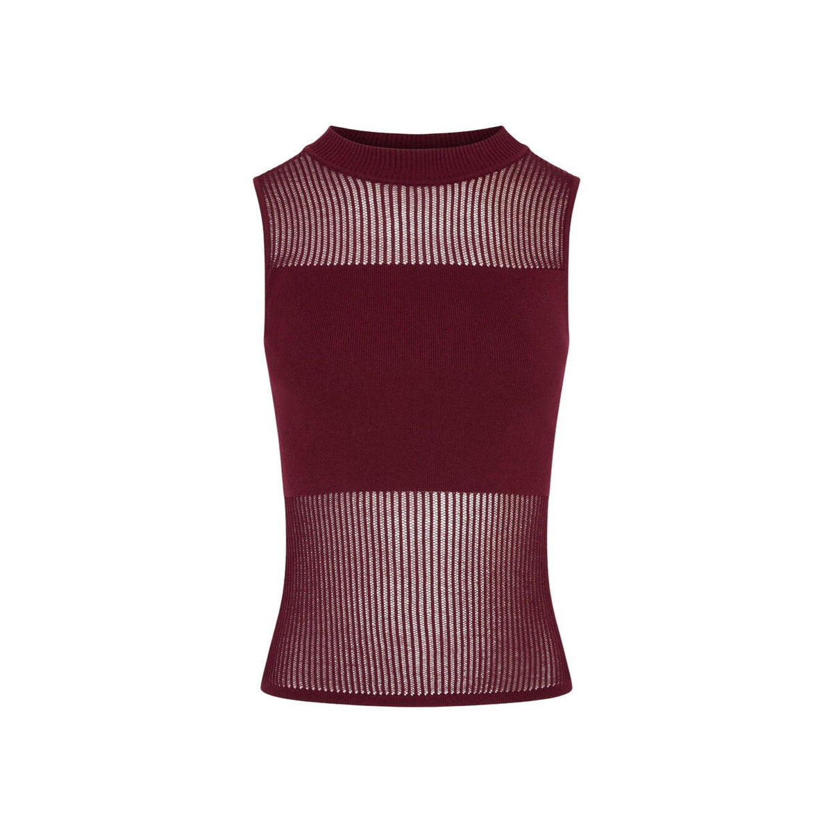 Canotta bordeaux donna Morgan De Toi 252-MJULIE. Top aderente senza maniche con scollo tondo, dettagli a coste e trasparenze sul busto in misto viscosa e poliammide.