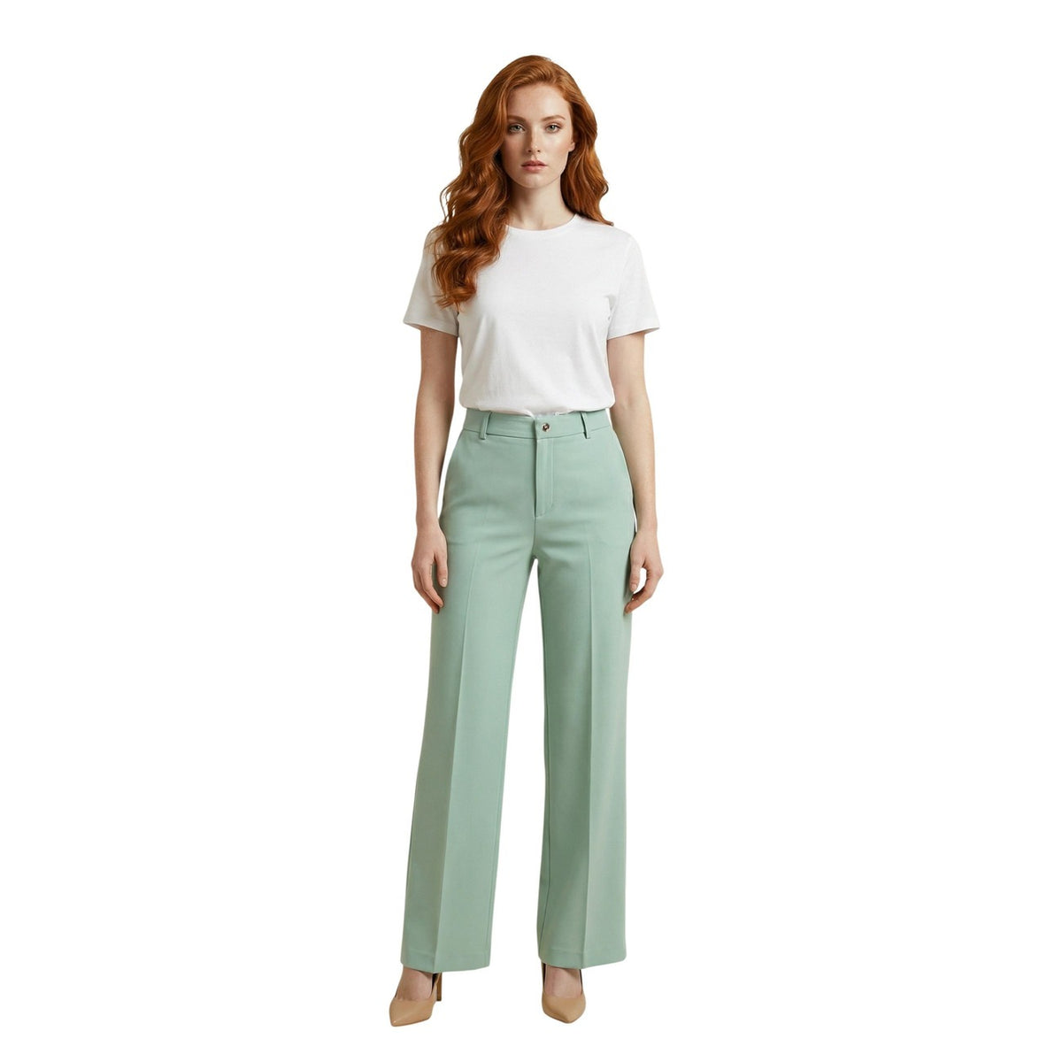 Artigli Pantaloni Palazzo verde Stretch; taglio largo e sofisticato, tessuto leggermente elasticizzato antipiega, perfetto da abbinare a tacchi o sneakers per un look di tendenza. Vista frontale figura intera