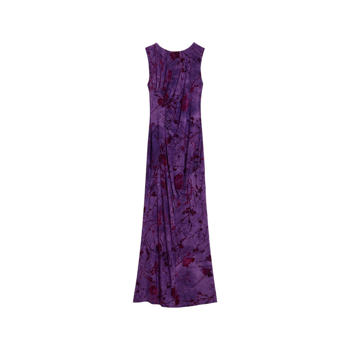 Abito Desigual donna viola Alina VEST_ALINA. Vestito midi aderente smanicato in poliestere riciclato floccato con motivo floreale orientale e dettagli drappeggiati sul davanti.