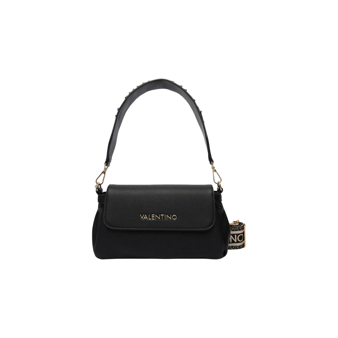 Borsa Piccola Nero Donna Valentino Bags Dea; Misure 10x16x8 cm. Tessuto 100% poliuretano con chiusura a patta e cerniera interna. Doppia tracolla rimovibile con borchie e logo in metallo dorato lucido, stile elegante 4 stagioni.
