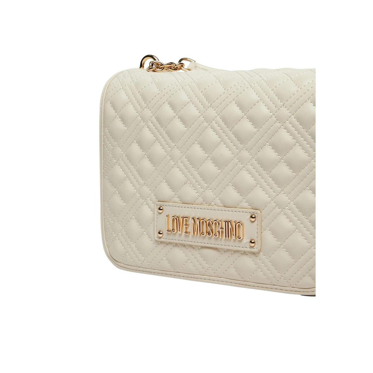 Borsa Love Moschino donna beige modello JC4000PP1. Borsetta a spalla e tracolla in ecopelle trapuntata beige con catena dorata e logo Love Moschino oro a rilievo sul davanti, borsa elegante da sera e da giorno stile matelassé.