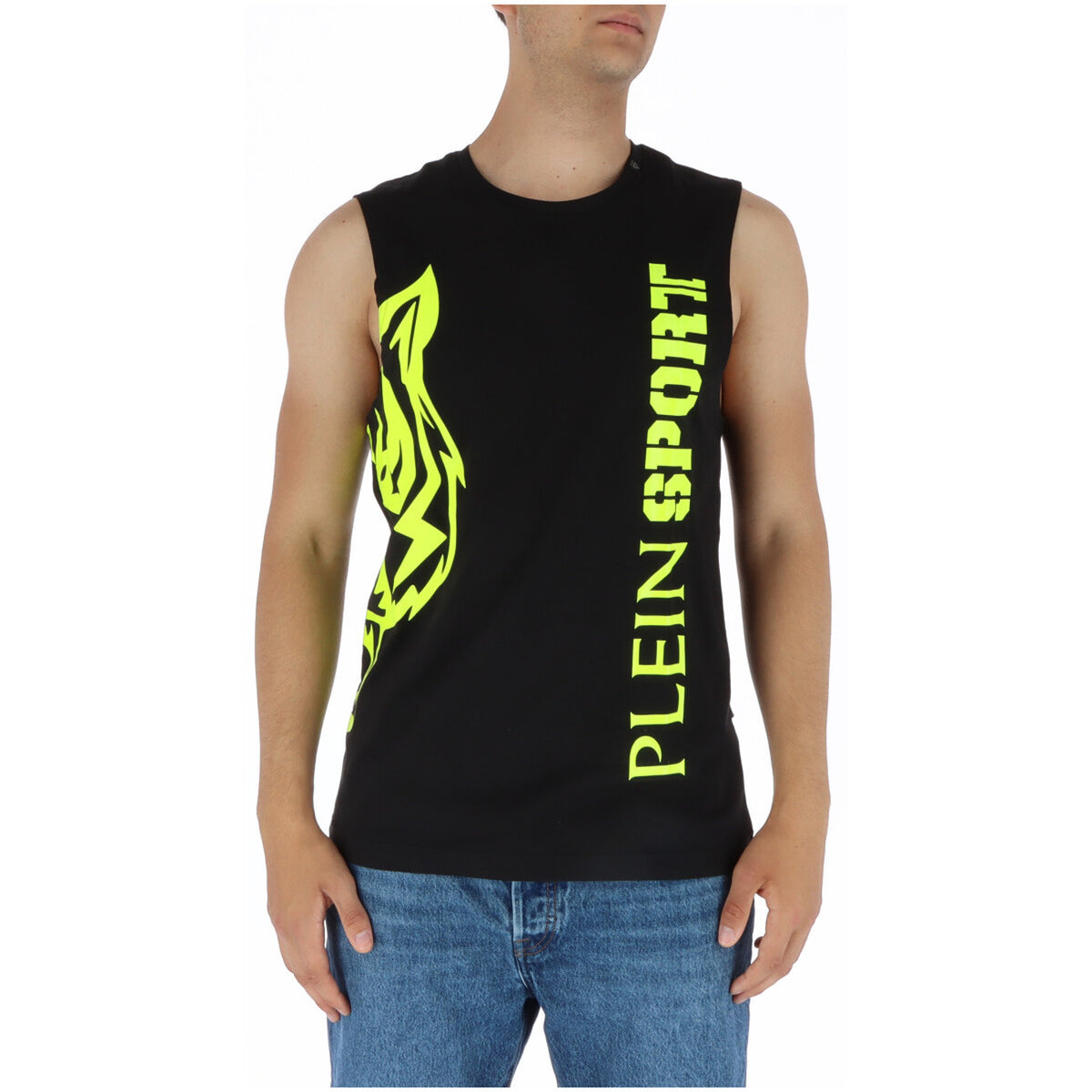 Plein Sport Canotta uomo 1906; 100% cotone, colore nero con stampa grafica, scollo a giro e taglio smanicato confortevole per la stagione estiva. Vista frontale