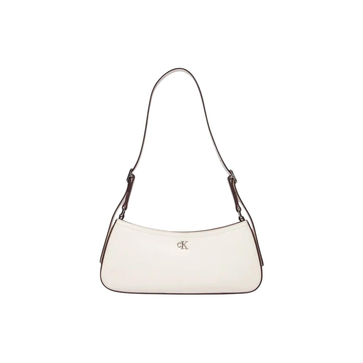 Calvin Klein CK Small Shoulder Bag; 51% poliestere riciclato, logo metallico, tracolla regolabile. La borsa a spalla chic e compatta per look day-to-night. Colore bianco. Vista frontale