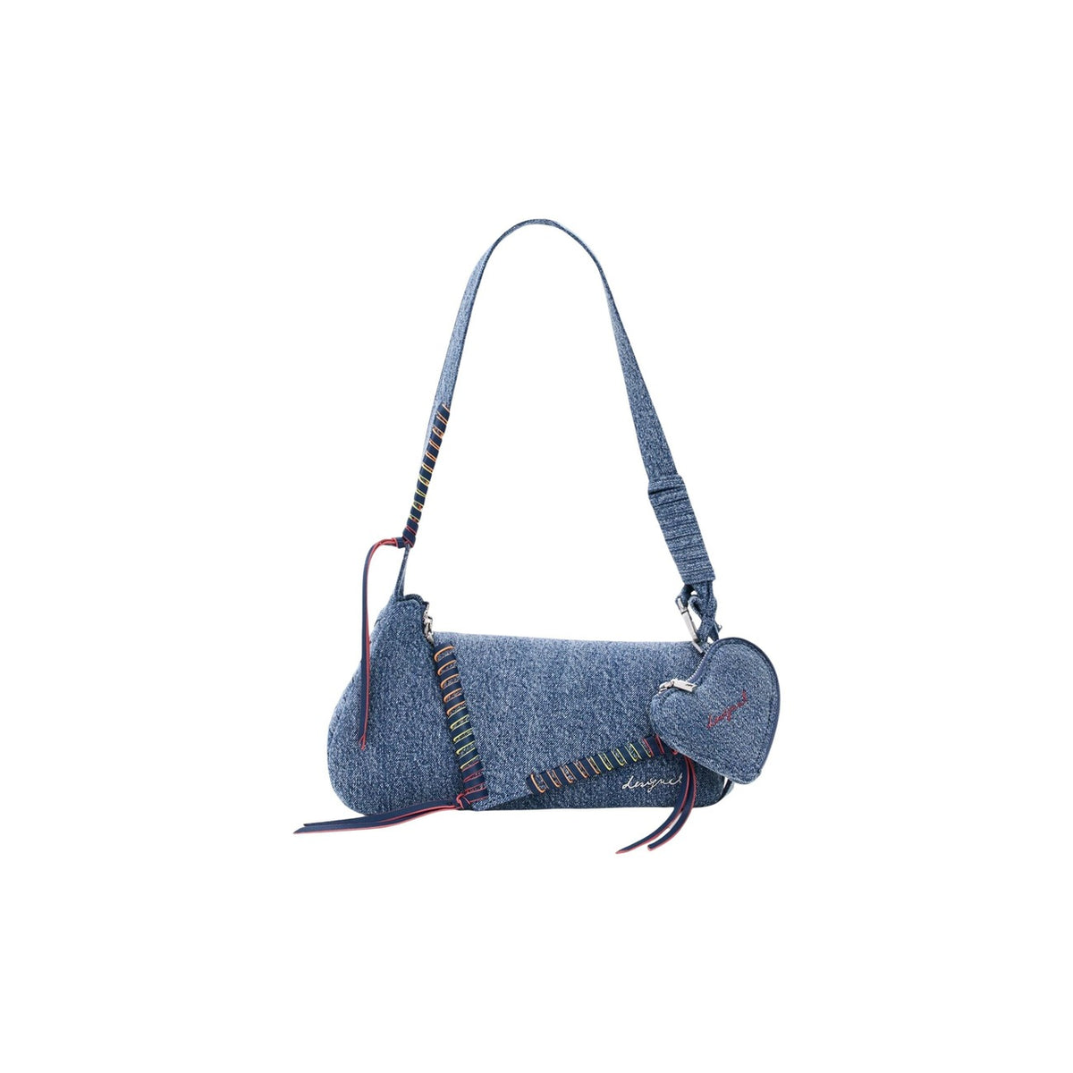 Piccola borsa in denim con dettagli ricamati. Presenta una tracolla lunga regolabile e un fiocco laterale. Design semplice con chiusura a cerniera a vista nella parte superiore.
Tessuto denim 100% vista frontale