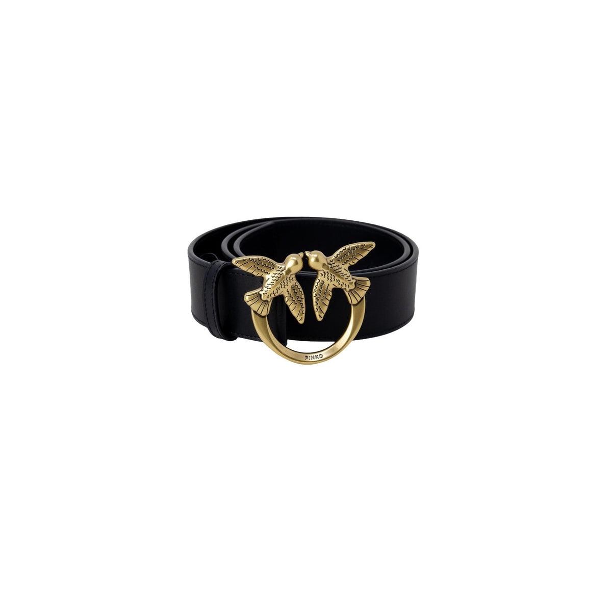 Pinko Cintura nera Alta Love Birds in pelle; fibbia metallica dorata, altezza media-alta, stile iconico e raffinato ideale per outfit casual-chic e occasioni formali. Vista arrotolata