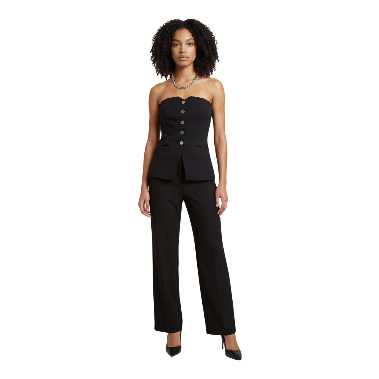 Top nero off-shoulder nero Morgan De Toi Clodi, tessuto stretch con cotone e poliestere riciclato, scollatura tonda e spalle nude, vestibilità confortevole. Vista frontale figura intera