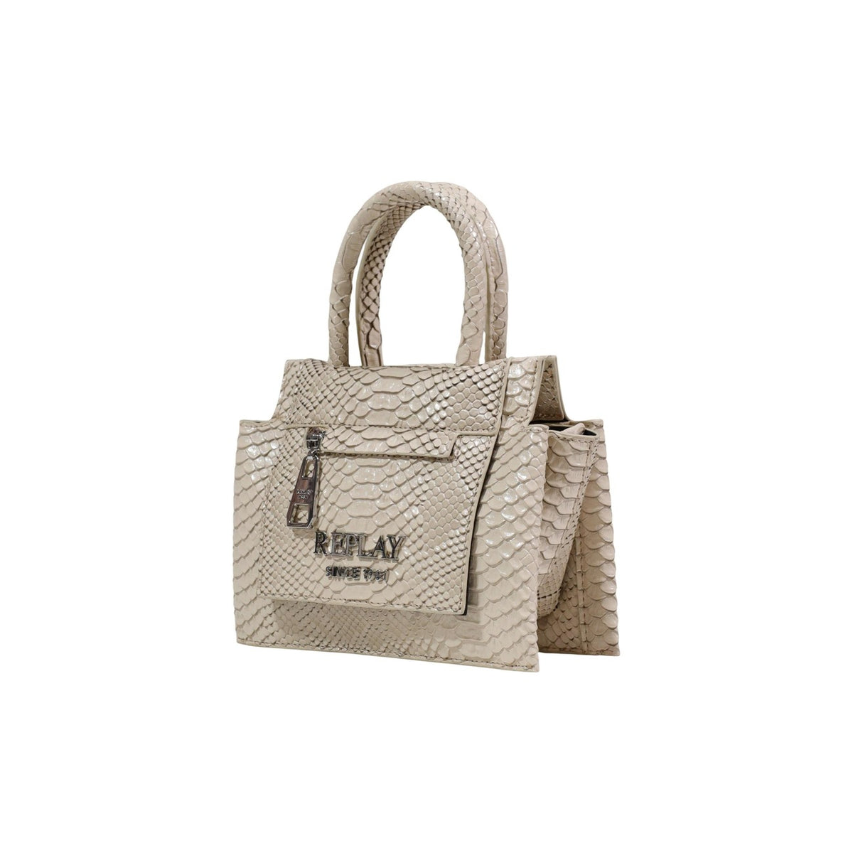 Borsa Replay Effetto Pitone; 100% PVC, manici arrotondati, tasca zip frontale, logo metallico. Compatta, resistente e dallo stile unico.