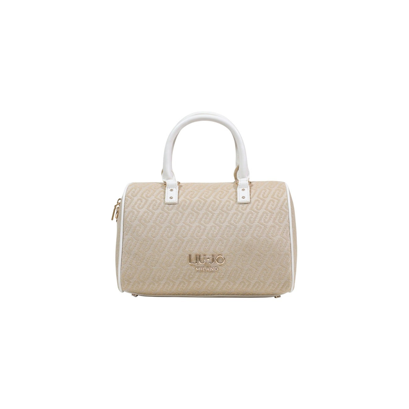 Borsa Satchel Liu Jo S; 80% Cotone, 20% Poliestere. Motivo monogramma all-over, manici rigidi, tracolla removibile e zip. Borsa donna media, chic e funzionale. Vista frontale colore beige