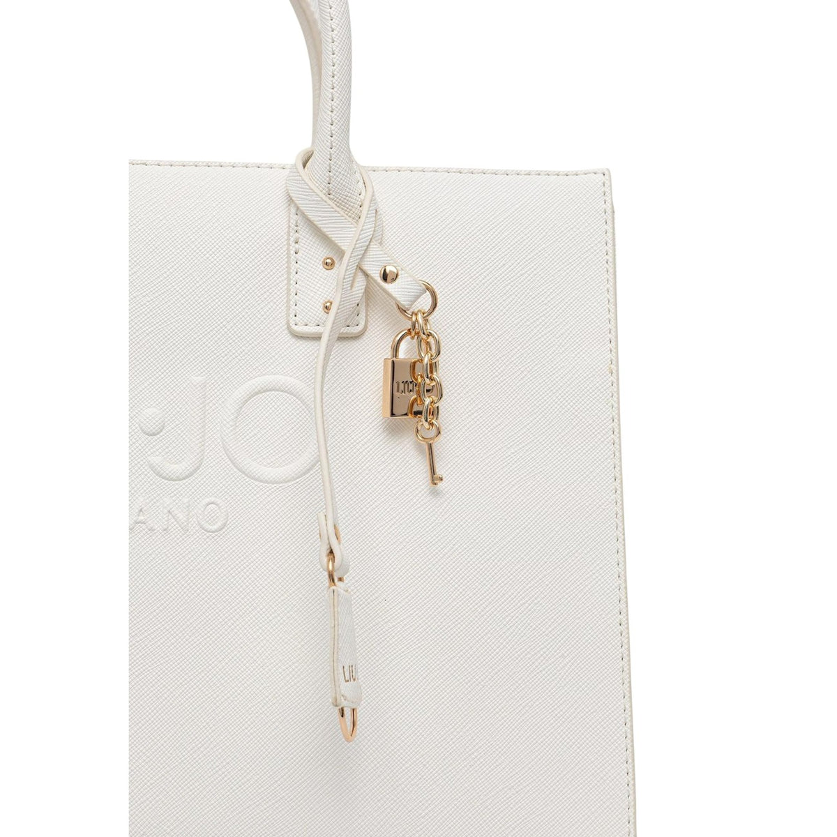 Liu Jo Borsa panna a mano ECS M; modello tote strutturato con logo applicato, charm dorato e tracolla inclusa. Dimensioni medie ideali per organizzare gli essenziali quotidiani con stile. Vista frontale Dettaglio