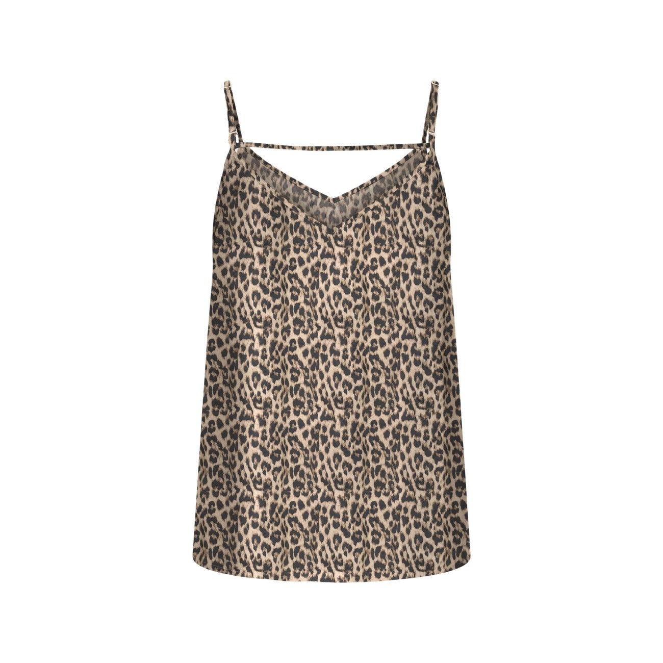 Canotta Only Animalier; 100% Viscosa. Spalline sottili, scollo morbido, vestibilità fluida. Top estivo leggero effetto seta. Stile casual-wild moderno. Posteriore stesa