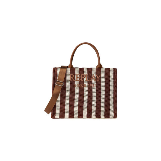Borsa Tote Replay a righe Bianco/Marrone. Logo ricamato, chiusura con zip, doppi manici e tracolla. Dimensioni maxi 39x30x15 cm. Design bicolore leggero e resistente per la stagione estiva e oltre. Vista frontale