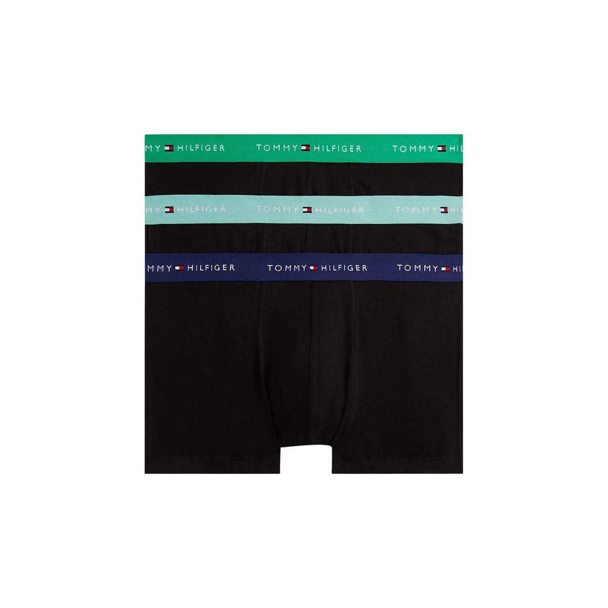Pack 3 Boxer Trunk Tommy Hilfiger Signature; Nero. 100% Cotone traspirante, proprietà antiumidità, fascia elastica logata. Vestibilità aderente, comfort 4 stagioni, qualità premium. Fascia colore verde, verde acqua e blu