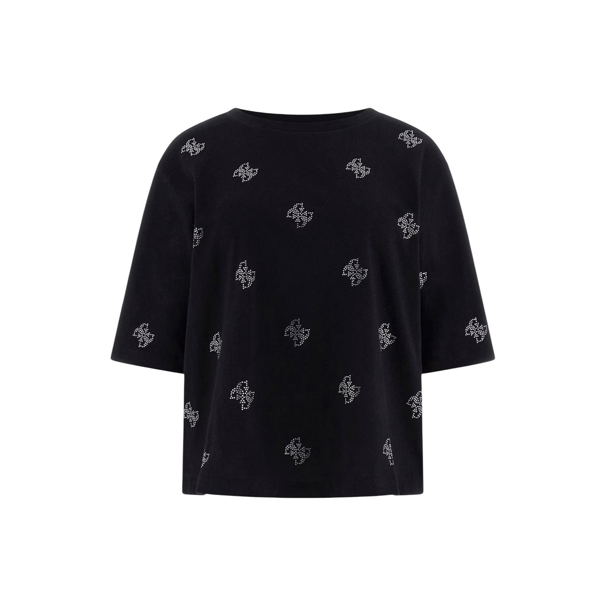 T-shirt Guess Silvy Nera; 100% Cotone. Motivo 4G con microstrass, vestibilità ampia (wide fit), scollo tondo. Capo versatile della linea Guess, stile glamour-casual. Vista stesa