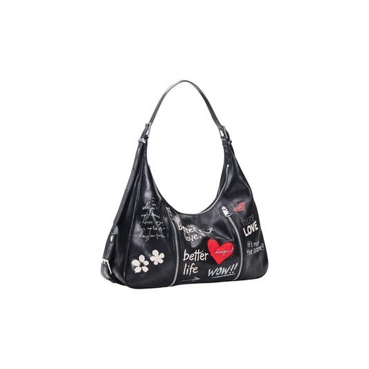 Borsa a spalla grande nera donna Desigual con stampe – Shoulder bag effetto pelle con ciondolo cuore Desigual 26WAXPA32000U.
