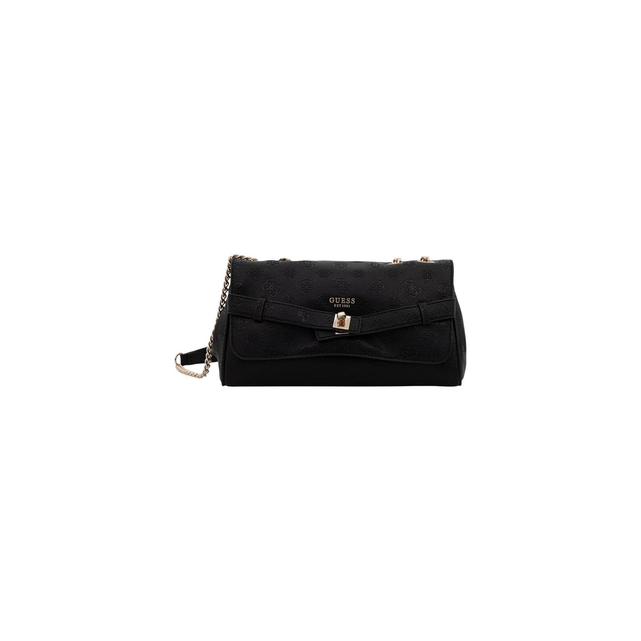 Borsa Media Donna Nera Guess Jodi; Struttura 100% poliuretano con patta e cintura decorativa frontale. Tracolla con catena dorata, chiusura magnetica e tasca posteriore con zip, stile elegante 4 stagioni.