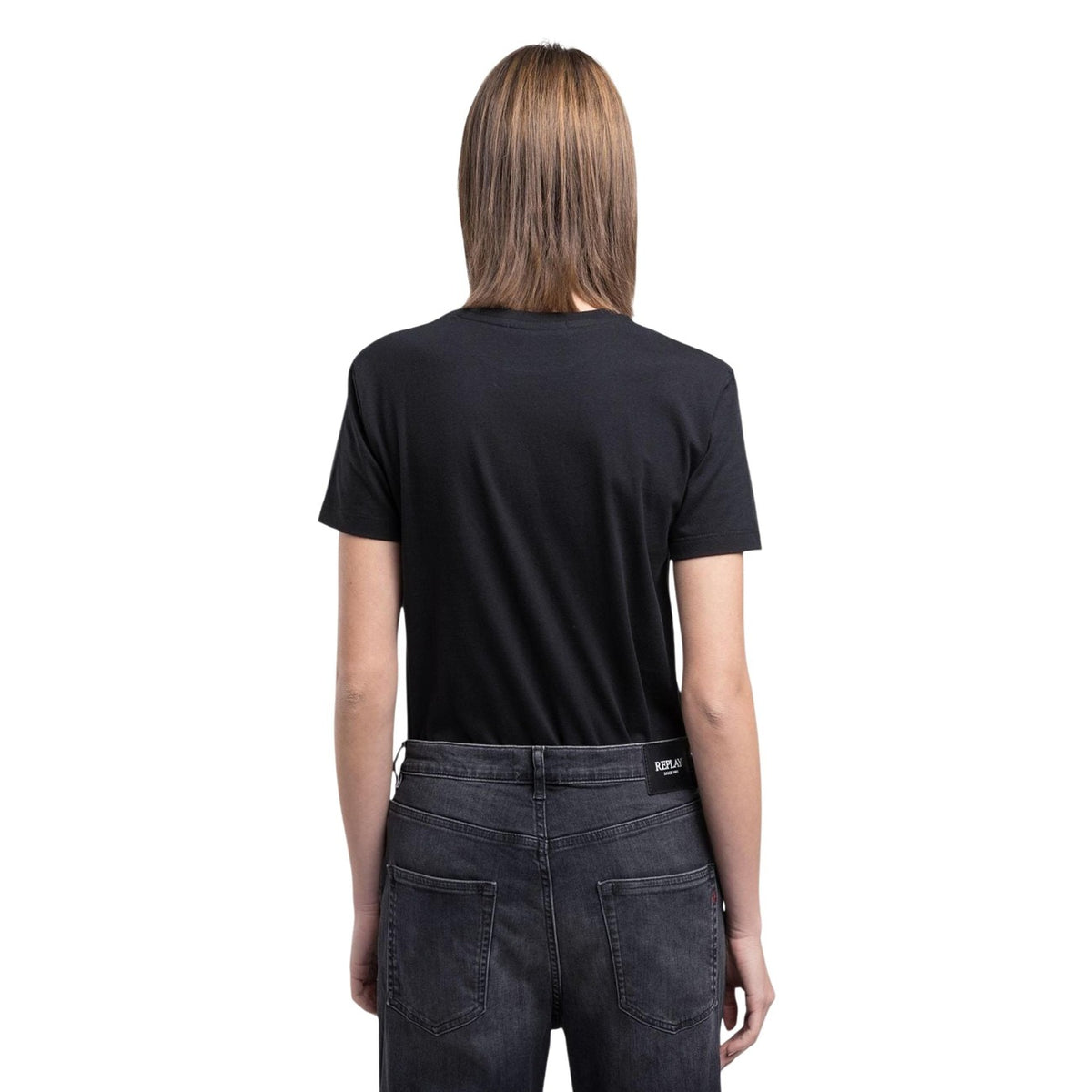 Replay W3566B.000.2660, t-shirt nera regular da donna in cotone; maglia a maniche corte con ricamo iconico, stile essenziale e versatile per ogni stagione. Vista posteriore