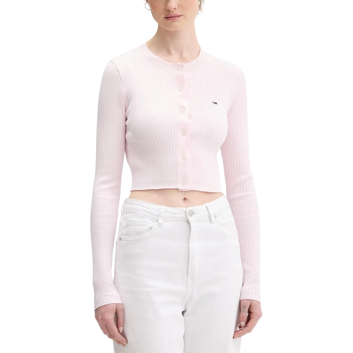 Cardigan Tommy Hilfiger Jeans donna rosa con bottoni manica lunga scollo a V 60% cotone 40% acrilico - vista frontale indossata da modello figura intera