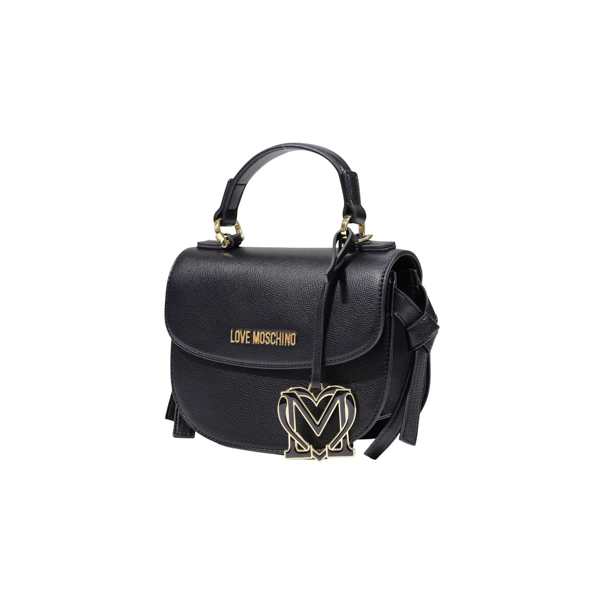 Borsa Love Moschino donna nera a mano e tracolla modello JC4057PP. Borsetta piccola rigida effetto pelle martellata nera con fiocchi laterali, patta e charm dorato con iniziali stile elegante, romantico e da sera.