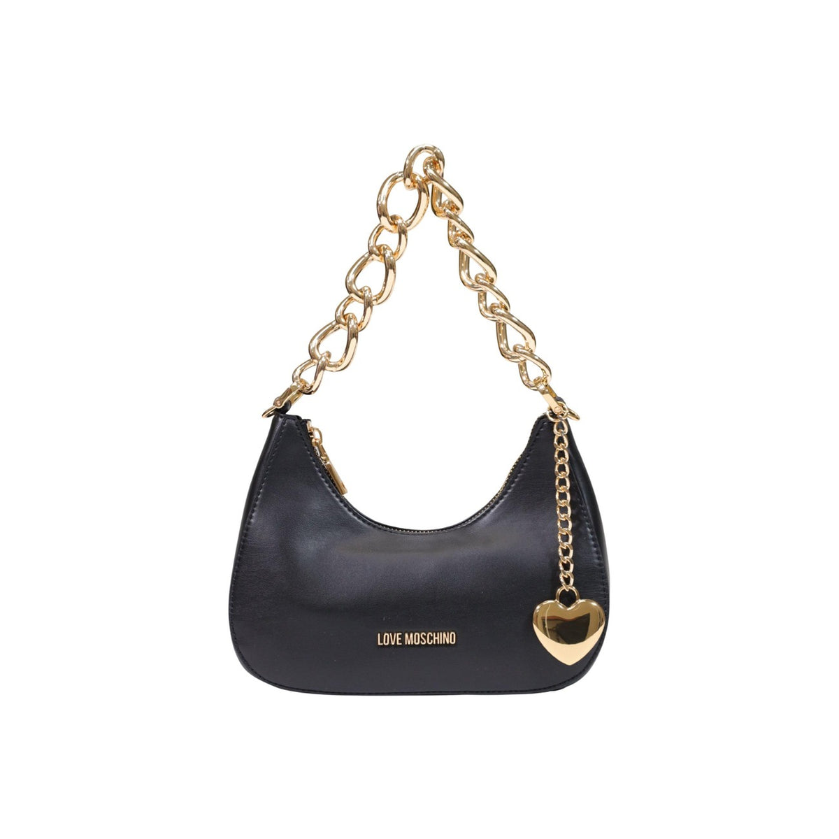Borsa Love Moschino donna nera a spalla modello JC4161PP. Borsetta media nera in vinile lucido o semilucido con manico a catenella oro, ciondolo cuore metallico e zip stile elegante, casual chic e da sera.
