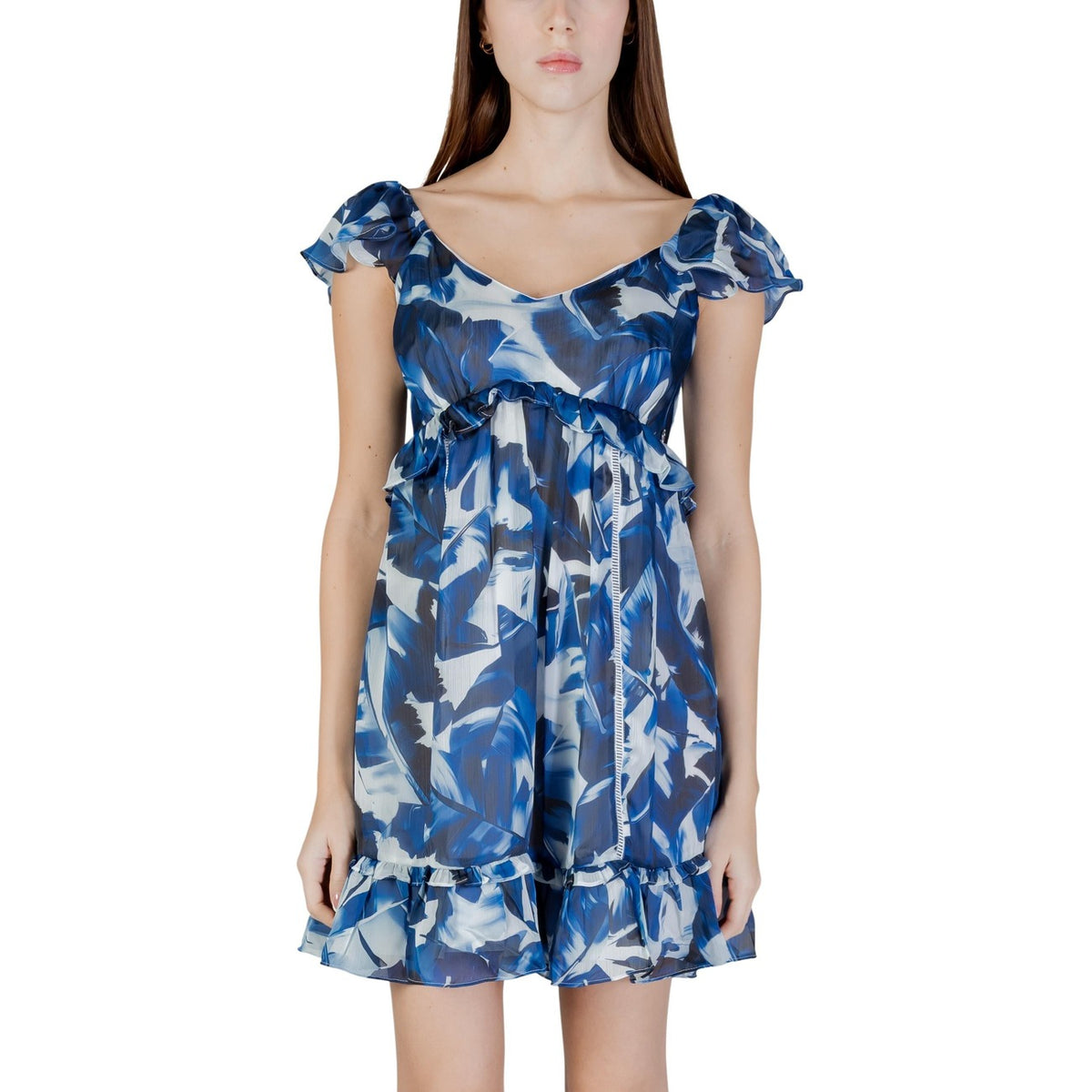 Abito corto donna Guess modello ORSOLA FLARE DRESS nero con gonna svasata e maniche corte