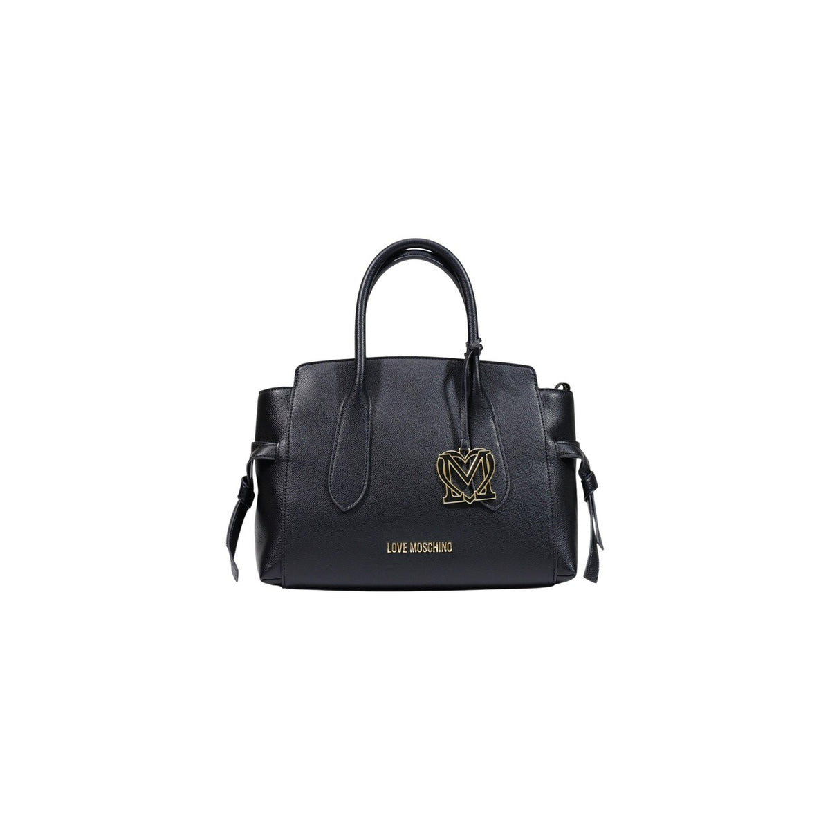 Borsa Love Moschino donna nera a mano modello JC4055PP. Bauletto nero grande con manici corti rigidi, fibbie laterali decorative e ciondolo charm oro con logo, stile elegante, moderno e casual chic per ufficio o giorno.