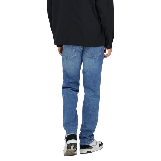 Jeans Only & Sons uomo blu chiaro azzurro con zip bottone tasche 98% cotone 2% elastan - vista posteriore retro indossati da modello