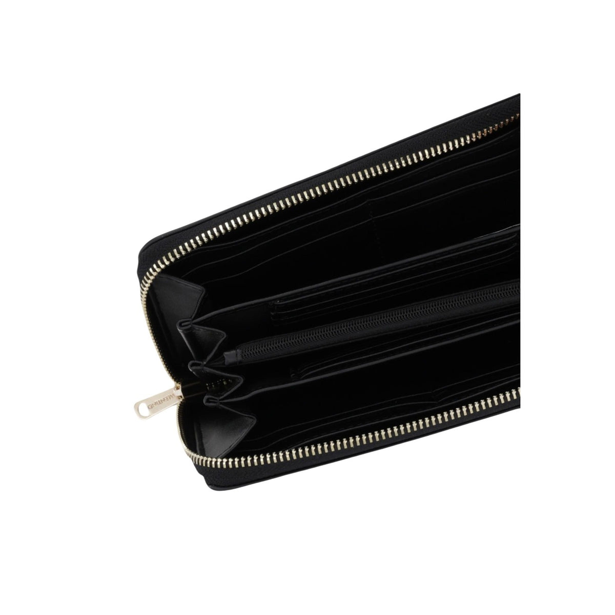 Portafoglio nero Valentino Bags Doris RE, formato grande con chiusura zip-around e logo dorato in rilievo; capiente e resistente, ideale per un'organizzazione completa in borsa. Vista frontale Aperta