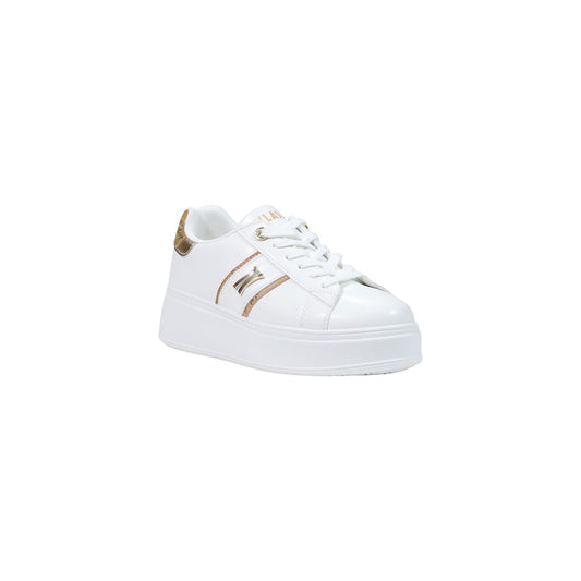 Sneakers bianche platform donna Alviero Martini Prima Classe Z 1624 300E. Scarpe da ginnastica con suola alta 5 cm, dettagli dorati, mappa Geo Classic sul tacco e tomaia in sintetico bianco.