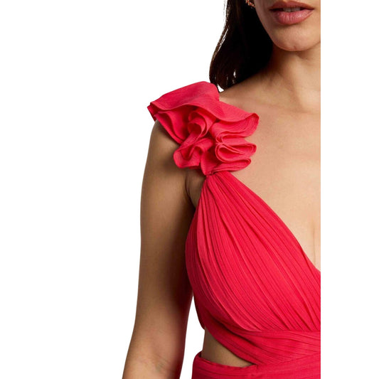 Morgan Rissal Dress Magma; abito rosso con scollo a V e fiori applicati. 100% poliestere, fodera interna, perfetto per eventi glamour e serate di gala. Dettaglio spallina