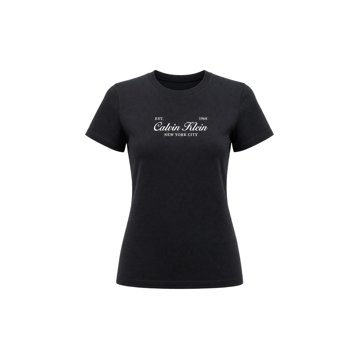 T-shirt Donna Nera Calvin Klein Jeans; 100% Cotone. Taglio regular fit, maniche corte e scollo tondo. Stampa frontale a contrasto logo 'Est. 1968 New York City', tessuto leggero stile casual-urban. Vista frontale stesa