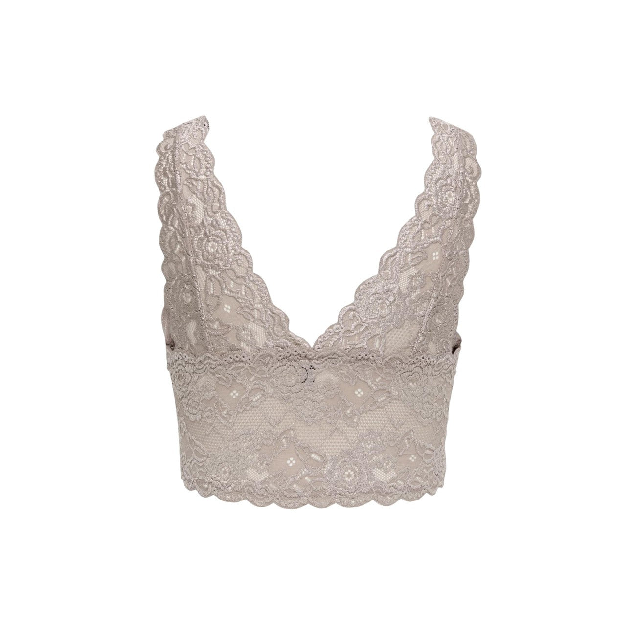 Reggiseno Bralette Pizzo Beige Donna Only Chloe; Tessuto 100% poliestere ricamato a tinta unita con scollo a V e spalline larghe. Sostegno leggero comfort per 4 stagioni. Posteriore stesa