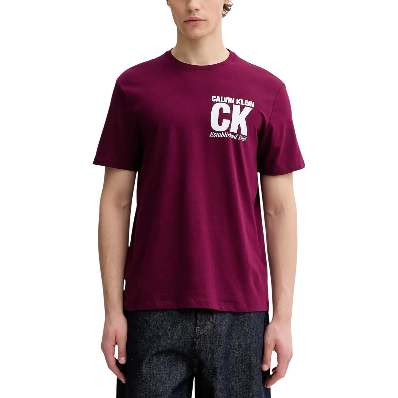 T-shirt Calvin Klein LV04RE819G; 100% cotone, logo "Established 1968", regular fit. Capo essenziale e versatile. Colore bordeaux