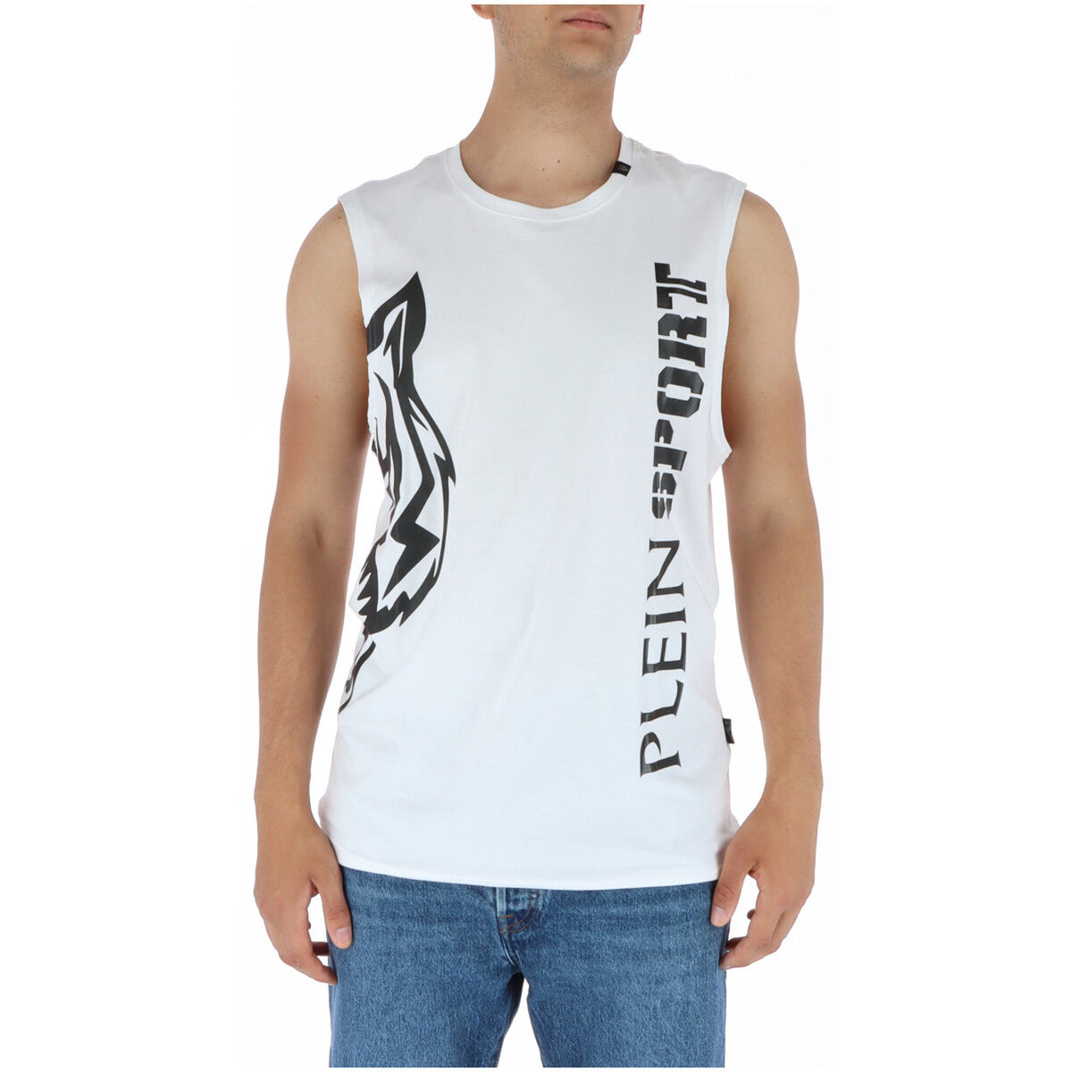 Plein Sport Canotta uomo 1906; 100% cotone, colore bianco con stampa grafica nera, scollo a giro e taglio smanicato confortevole per la stagione estiva.