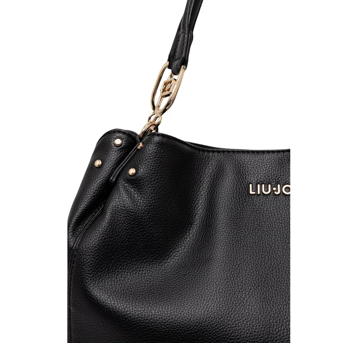 Liu Jo M Satchel AA6185; borsa media nera in PU con charm a frangia e dettagli dorati. Doppio manico, capiente e ideale per occasioni speciali o lavoro. Vista frontale Dettaglio logo