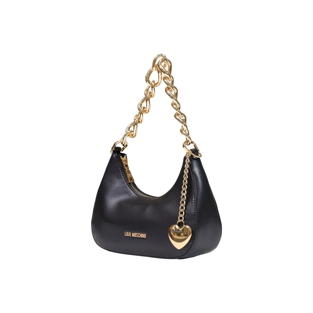 Borsa Love Moschino donna nera a spalla modello JC4161PP. Borsetta media nera in vinile lucido o semilucido con manico a catenella oro, ciondolo cuore metallico e zip stile elegante, casual chic e da sera.