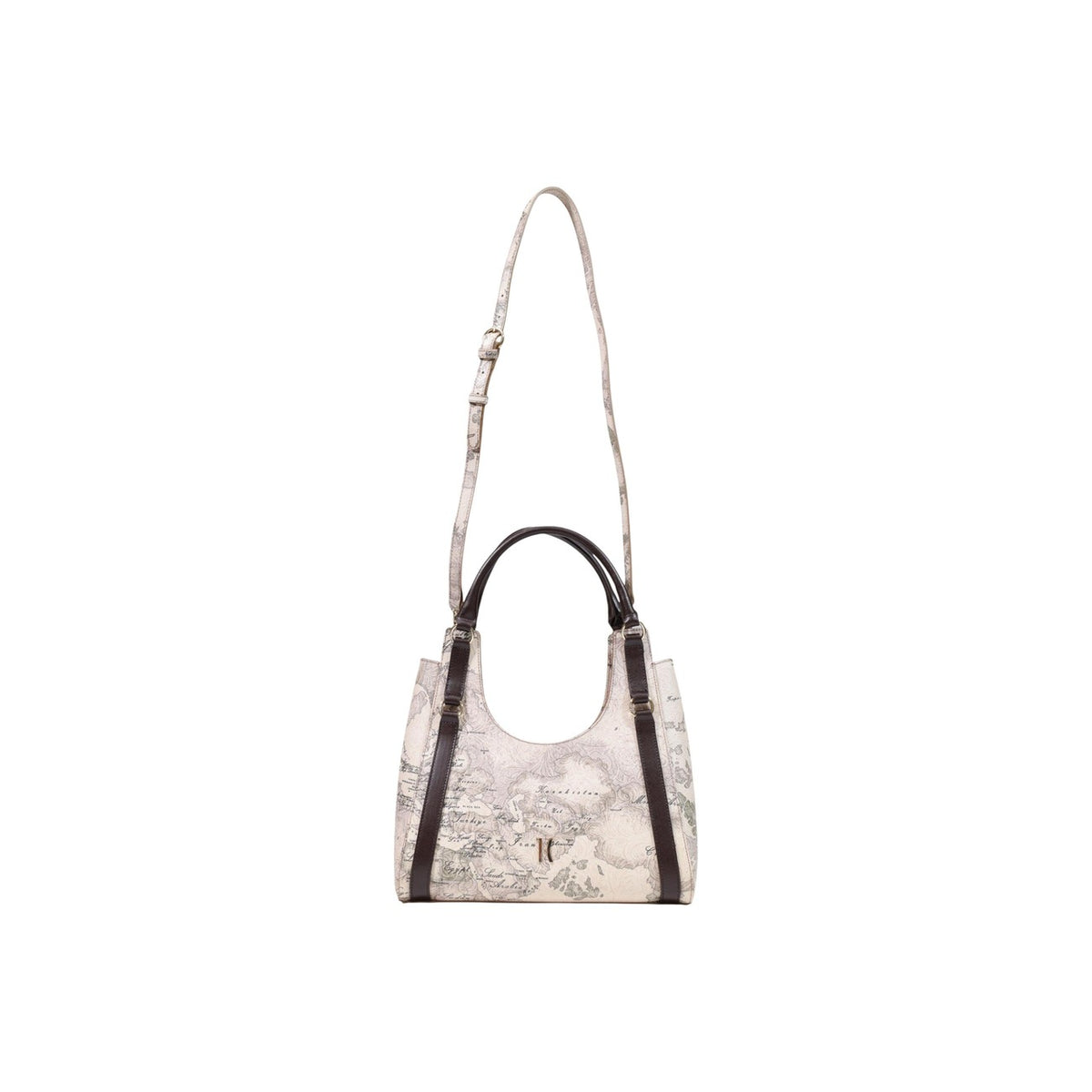 Borsa a mano e spalla Alviero Martini 1 Class Country Geo 26IL4LF9799500590. Borsa tortora grigia con stampa Geo polverosa, finiture in pelle marrone cioccolato, tracolla rimovibile e dimensioni 31x30x12 cm.
