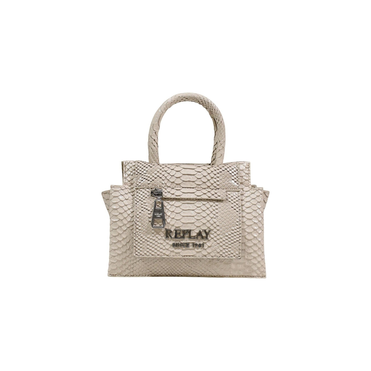 Borsa Replay Effetto Pitone; 100% PVC, manici arrotondati, tasca zip frontale, logo metallico. Compatta, resistente e dallo stile unico. Vista frontale