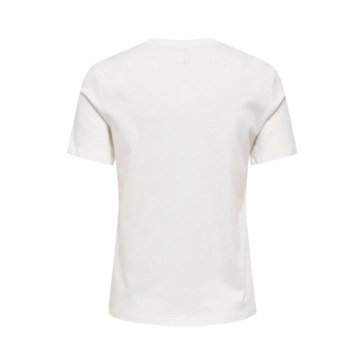 ONLY Onlmira Life Emb Tee; bianca, cotone biologico, ricamo "Agosto amor mio". La t-shirt versatile e sostenibile dal tocco romantico. Vista posteriore