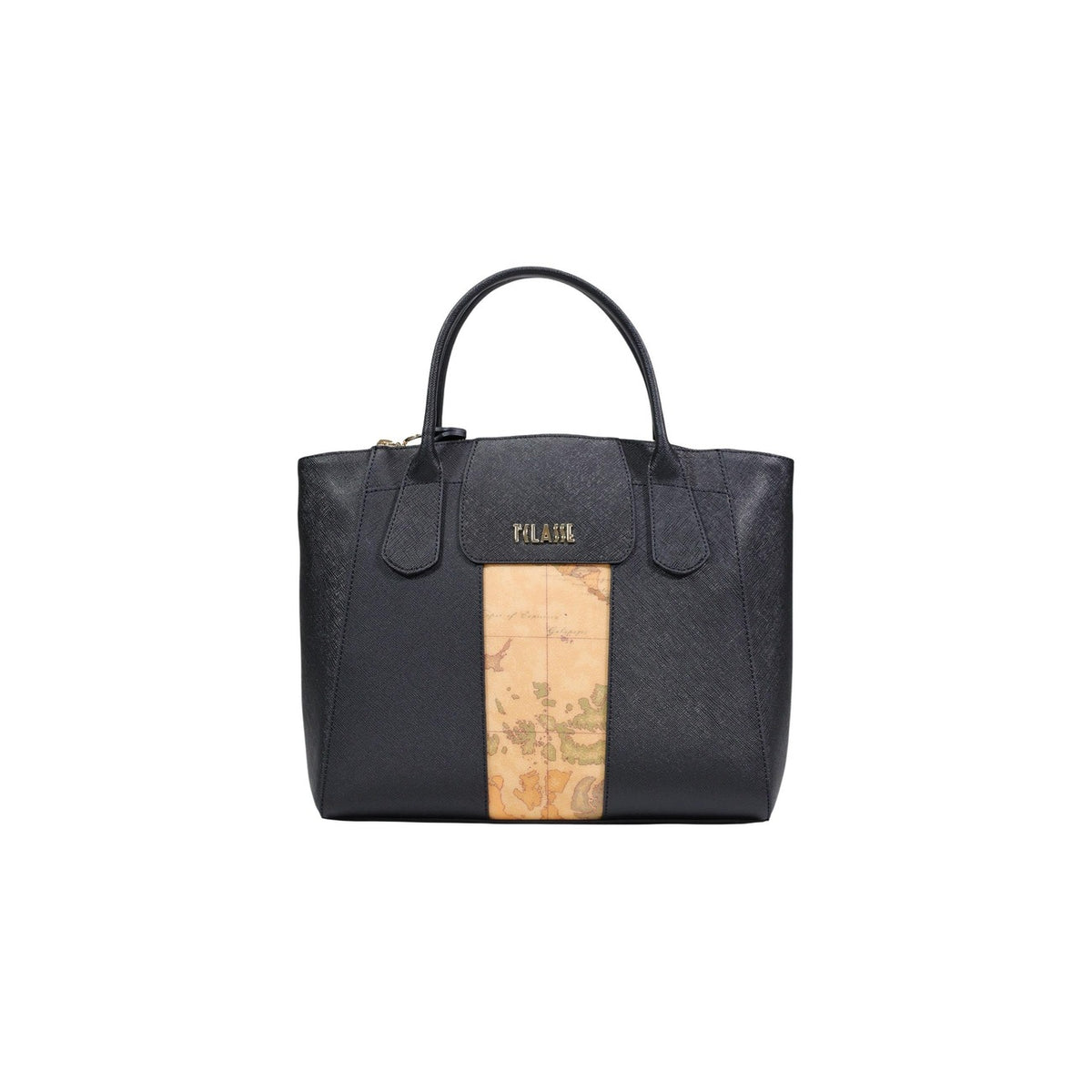 Borsa nera Alviero Martini LD25 con stampa Geo Classic centrale, doppi manici e tracolla staccabile; interno capiente con zip, realizzata in materiale tecnico resistente.