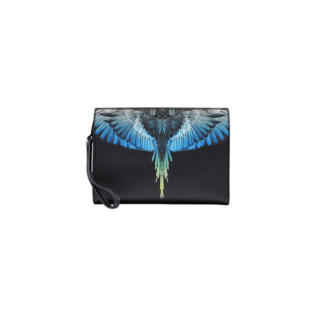 Pochette/Beauty Case County of Milan Wings; ecopelle premium, stampa ali d'uccello, cinturino da polso. Versatilità ed estetica audace per il tuo quotidiano. Vista frontale