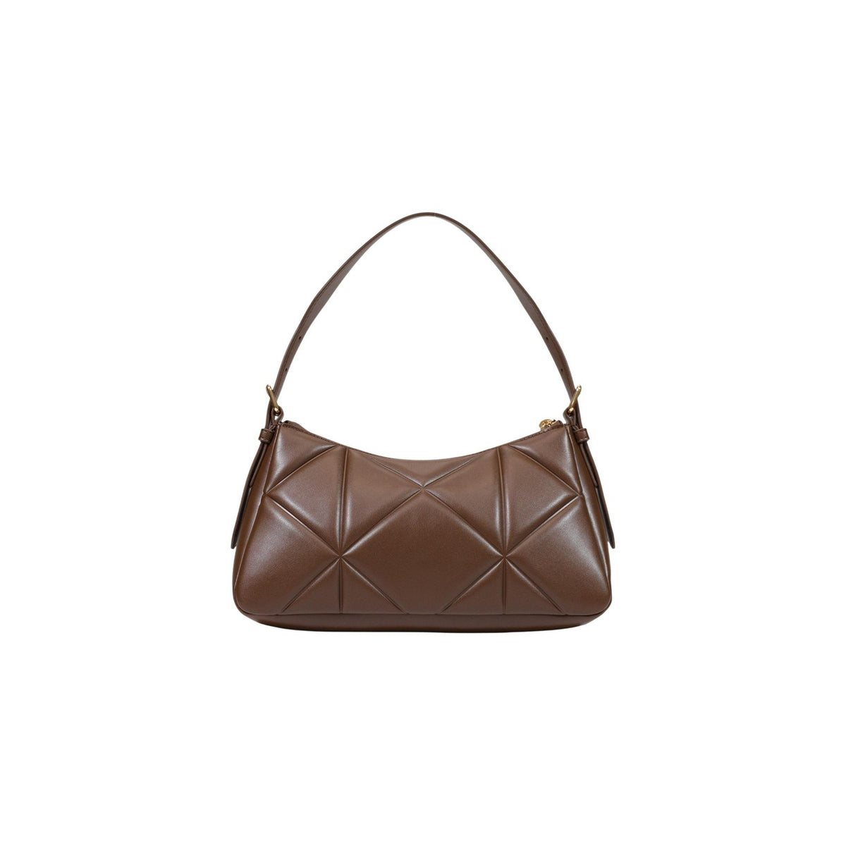 Borsa Love Moschino donna marrone trapuntata modello JC4032PP1. Borsetta piccola a spalla e a tracolla color marrone cioccolato/cuoio effetto goffrato a rilievo, con dettagli e logo in metallo oro, stile elegante e casual chic.