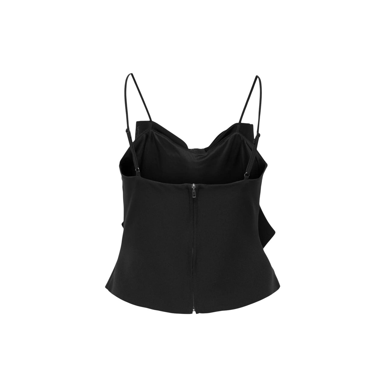 top nero con spalline impreziosite da fiocchi con strass, modello Onlginie Rhinestone Bow Strap Top Wvn del marchio ONLY. Vista posteriore