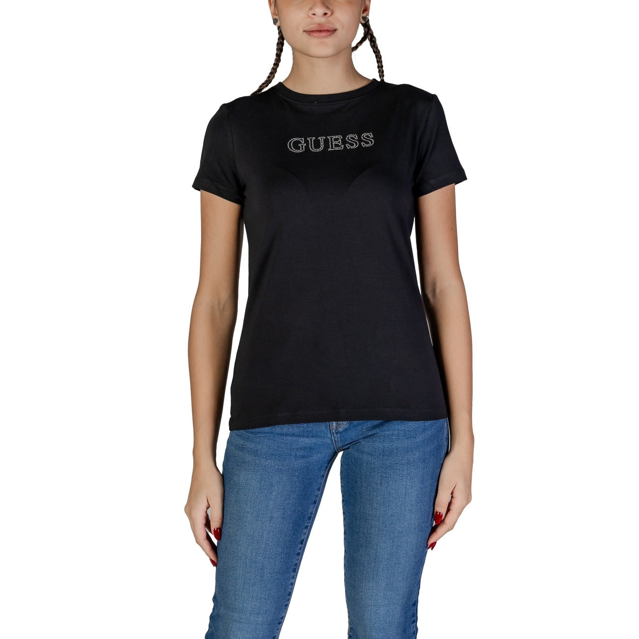 T-shirt Guess Active BRIANA SS donna nera con stampa maniche corte scollo tondo - dettaglio stampa