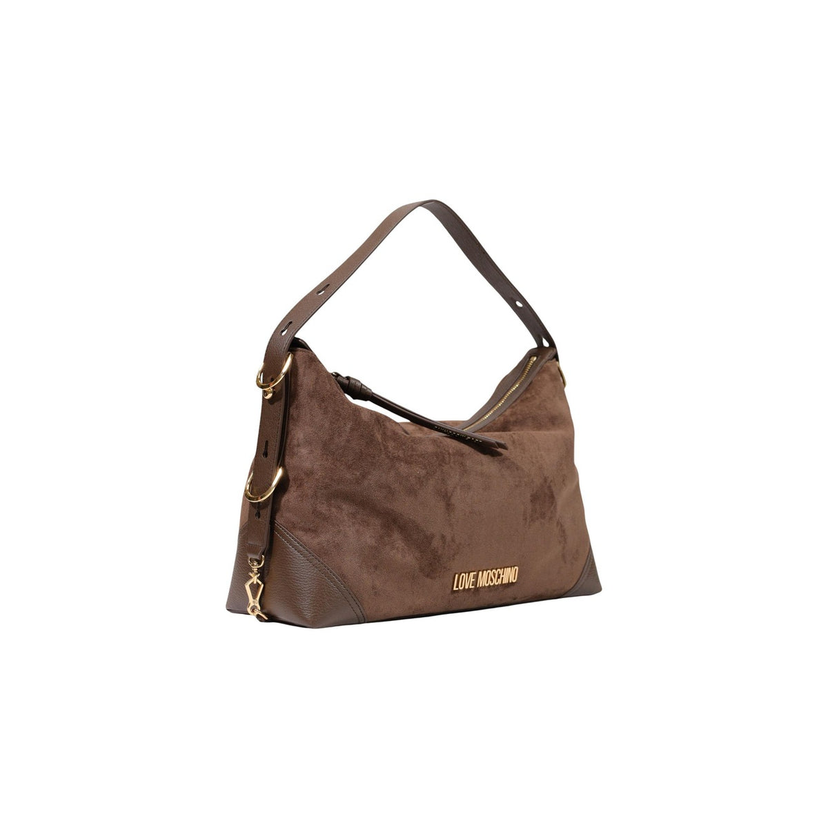 Borsa Love Moschino donna marrone spalla modello JC4090PP. Borsa grande a sacco color marrone cioccolato in tessuto morbido effetto velluto e rifiniture in ecopelle, con manico regolabile, dettagli e scritte logo in metallo oro, stile casual e chic.