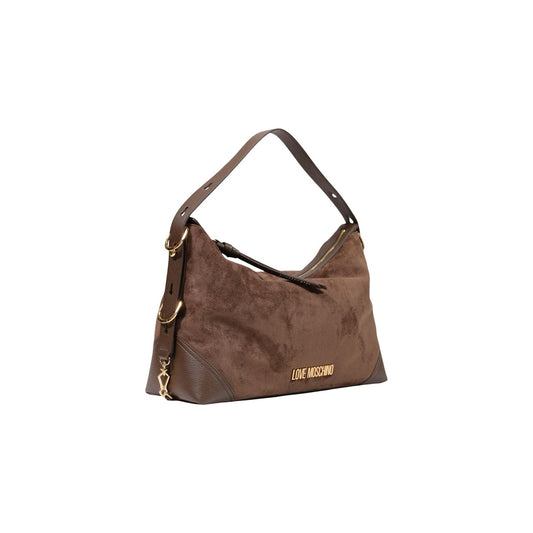 Borsa Love Moschino donna marrone spalla modello JC4090PP. Borsa grande a sacco color marrone cioccolato in tessuto morbido effetto velluto e rifiniture in ecopelle, con manico regolabile, dettagli e scritte logo in metallo oro, stile casual e chic.