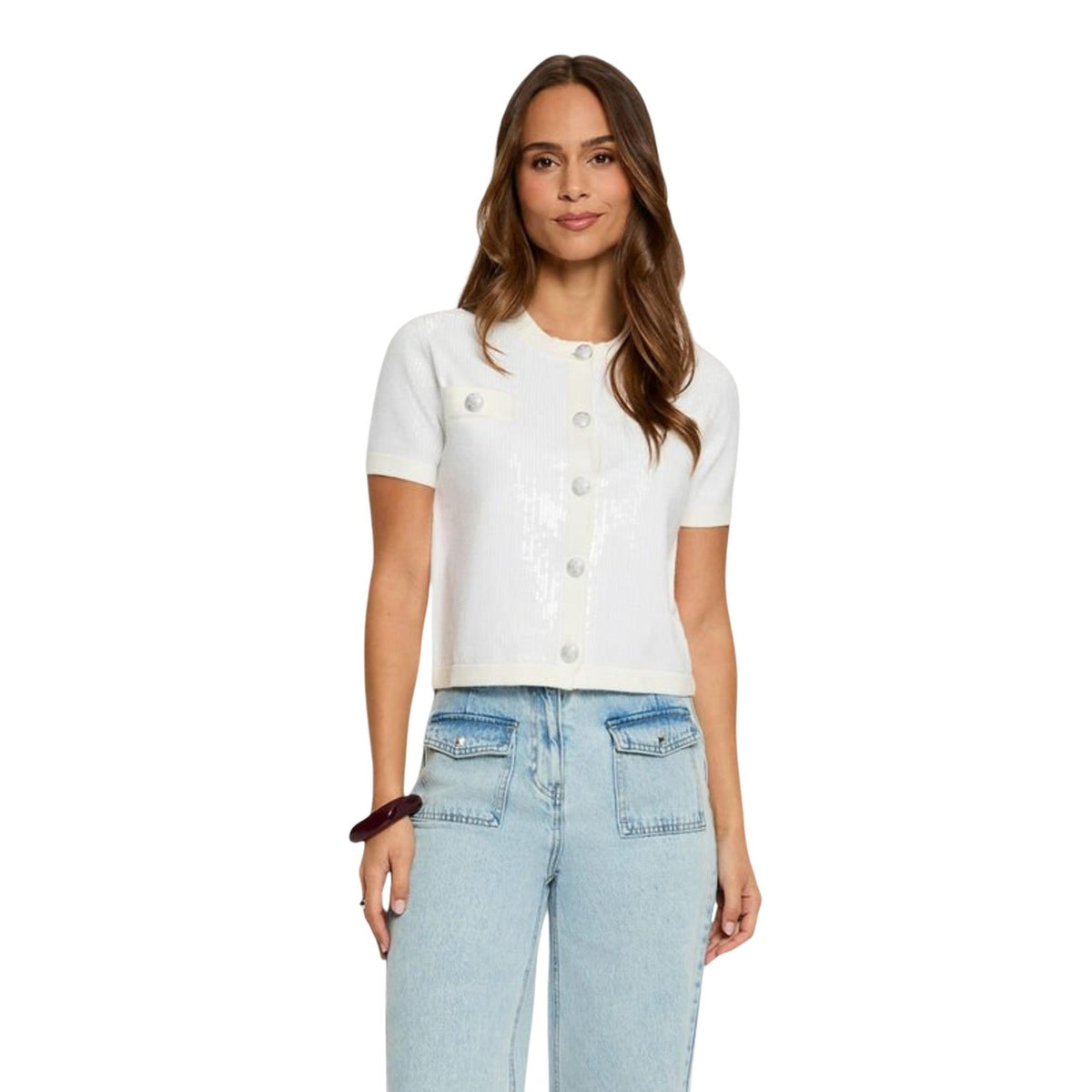 Morgan De Toi 251-MSEKIN Cardigan Bianco; viscosa eco-friendly, bottoni gioiello, taglio corto. L'essenziale chic e luminoso per la mezza stagione. Vista frontale